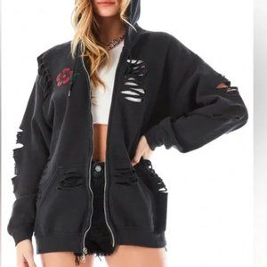 CARMAR RHINESTONE ROSE RIPPED ZIP UP